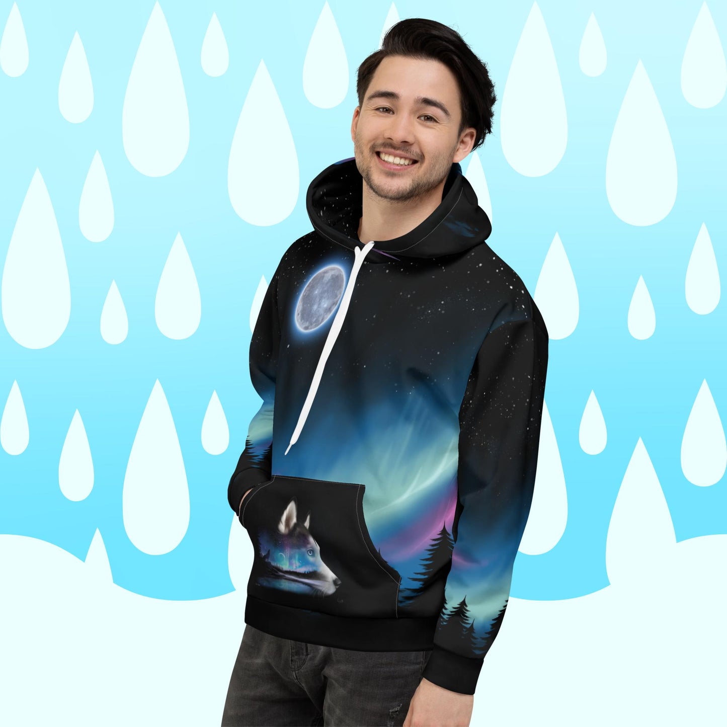 All over print Northern Lights Snow Dog Hoodie || Cameo Anderson