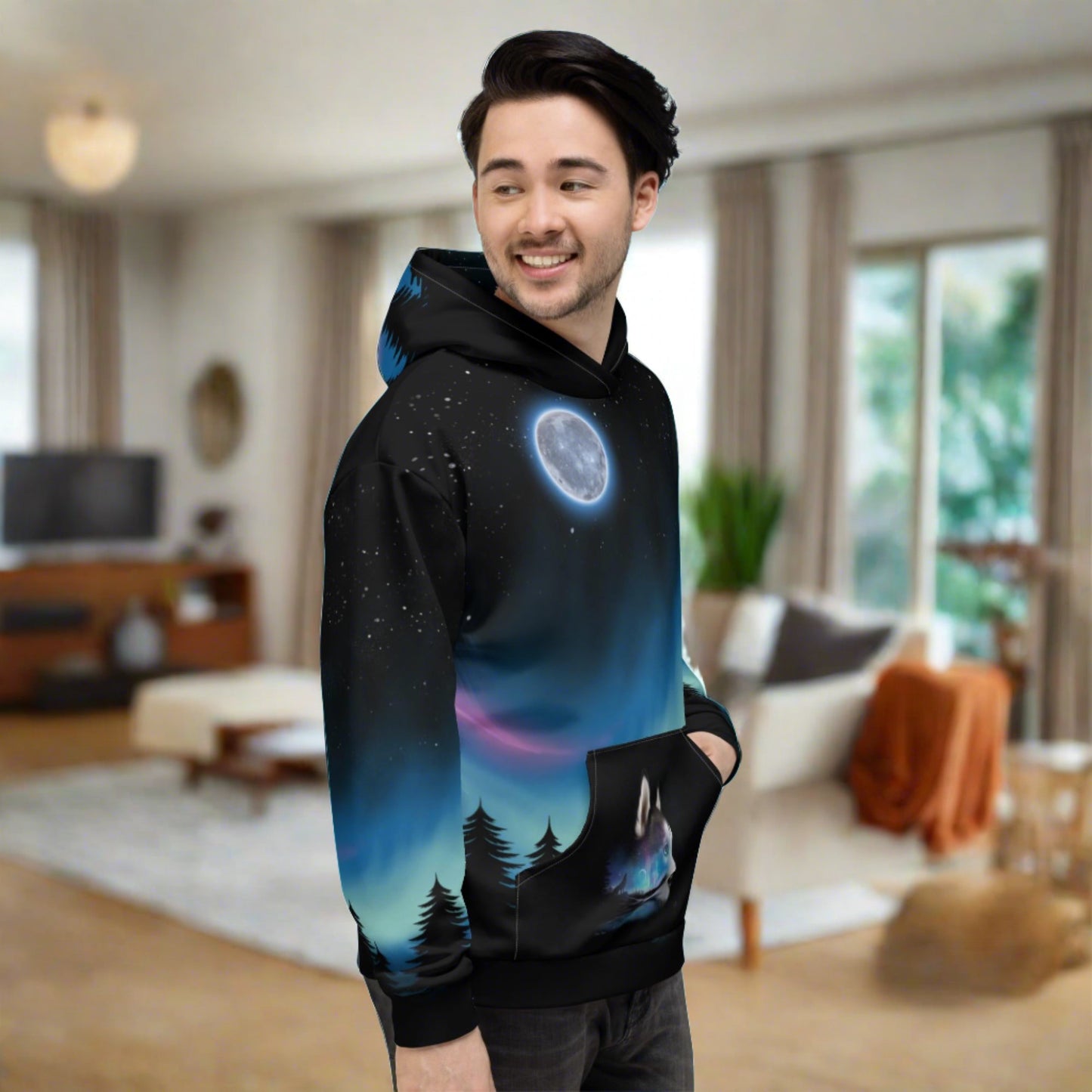 All over print Northern Lights Snow Dog Hoodie || Cameo Anderson