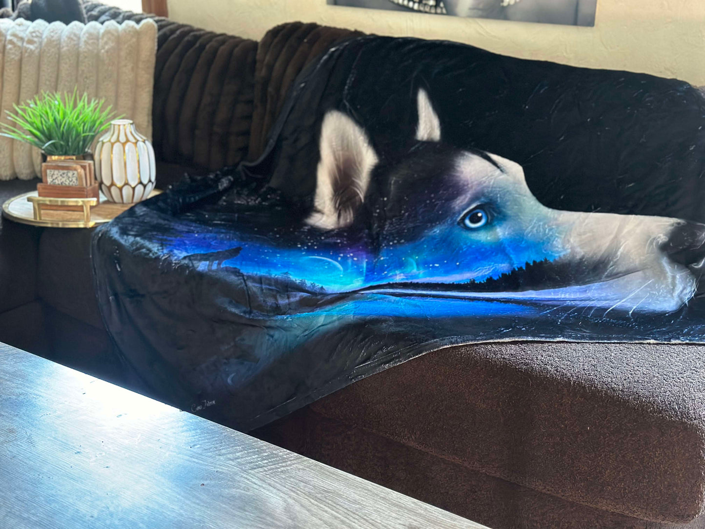 Spirit Siberian - Fine Art Husky Aurora Borealis Painting - Cozy Throw Blanket || Cameo Anderson