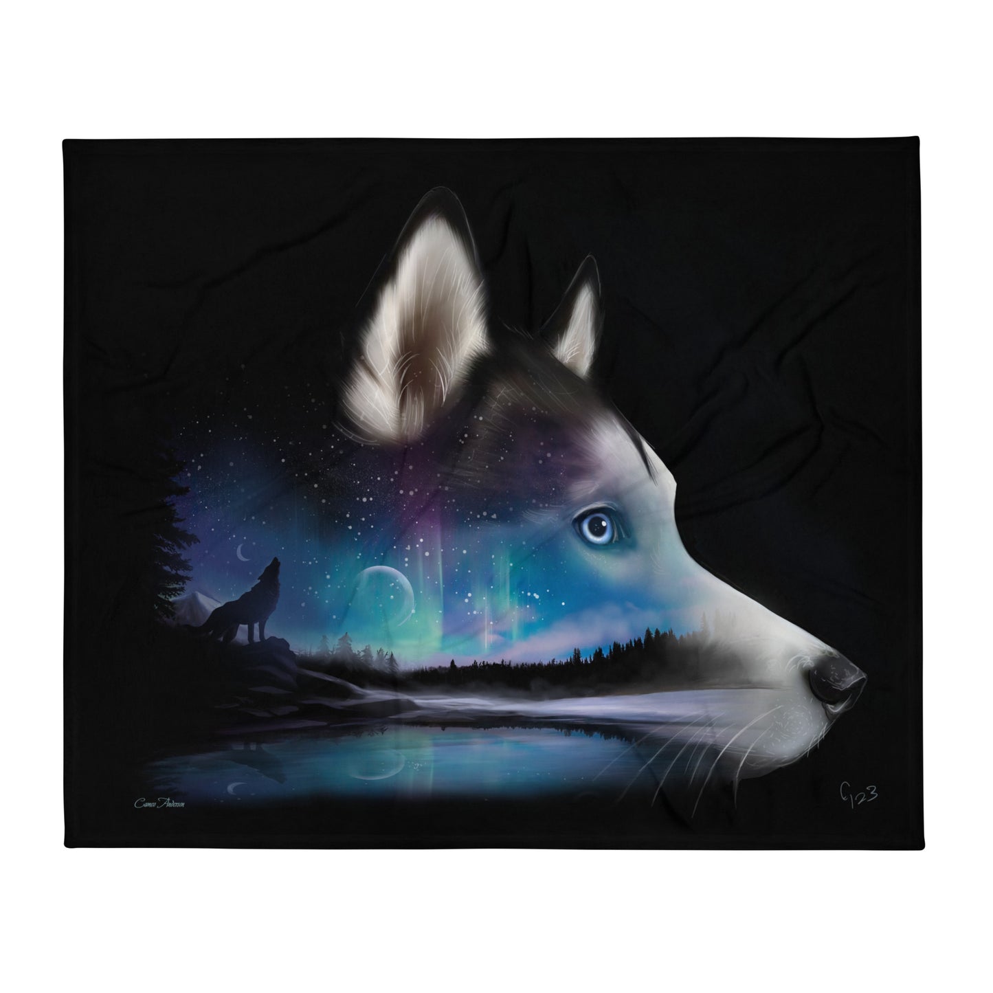 Spirit Siberian - Fine Art Husky Aurora Borealis Painting - Cozy Throw Blanket || Cameo Anderson