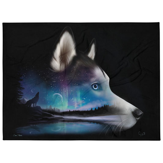 Spirit Siberian - Fine Art Husky Aurora Borealis Painting - Cozy Throw Blanket || Cameo Anderson