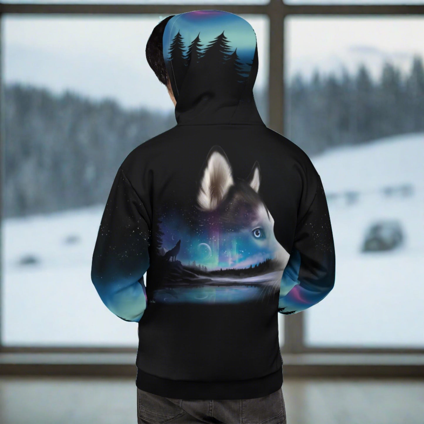 All over print Northern Lights Snow Dog Hoodie || Cameo Anderson